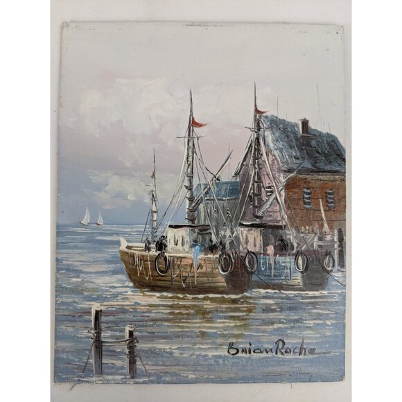 Vintage Signed Brian Roche Original Seascape Oil Painting Fishing Boats On Board - Picture 8 of 10